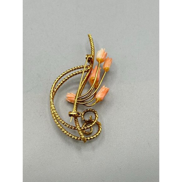 Vintage Floral Carved Coral Flowers Gold Tone Pin Brooch Small Pink Roses - Picture 5 of 6